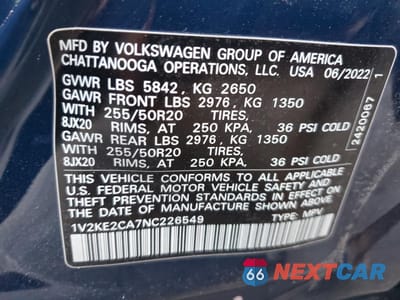 Zdjęcie 13 z 13 samochodu: 2022 VOLKSWAGEN ATLAS CROSS SPORT SE VIN:1V2KE2CA7NC226549 - miniatura