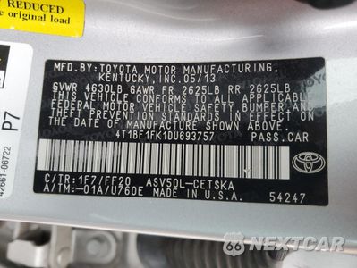 Zdjęcie 12 z 12 samochodu: 2013 TOYOTA CAMRY L VIN:4T1BF1FK1DU693757 - miniatura