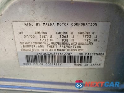 Zdjęcie 12 z 13 samochodu: 2007 MAZDA 3 I VIN:JM1BK32G871612787 - miniatura