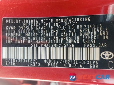 Zdjęcie 12 z 12 samochodu: 2021 TOYOTA COROLLA LE VIN:5YFEPMAE3MP255496 - miniatura