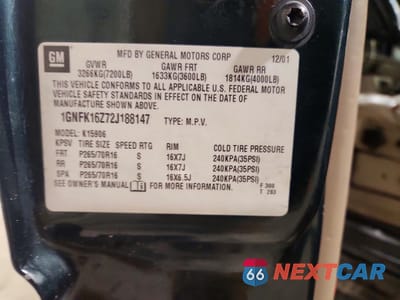 Zdjęcie 13 z 13 samochodu: 2002 CHEVROLET SUBURBAN K1500 VIN:1GNFK16Z72J188147 - miniatura