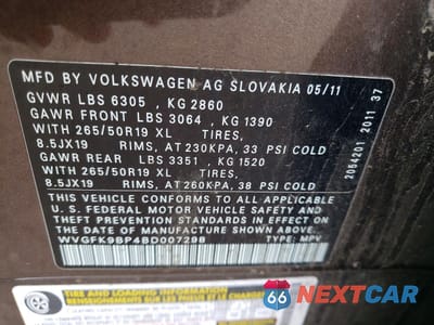 Zdjęcie 12 z 12 samochodu: 2011 VOLKSWAGEN TOUAREG V6 TDI VIN:WVGFK9BP4BD007298 - miniatura