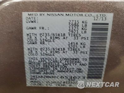 Zdjęcie 13 z 13 samochodu: 2014 NISSAN PATHFINDER S VIN:5N1AR2MN8EC653673 - miniatura
