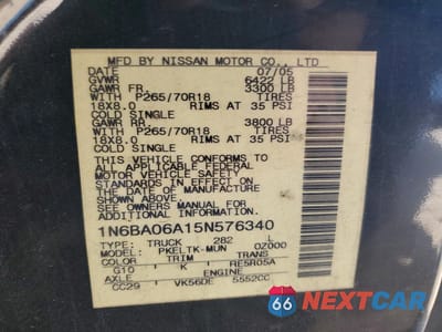 Zdjęcie 12 z 12 samochodu: 2005 NISS TITAN XE VIN:1N6BA06A15N576340 - miniatura