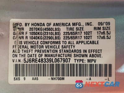 Zdjęcie 13 z 13 samochodu: 2009 HONDA CR-V VIN:5J6RE48339L067907 - miniatura
