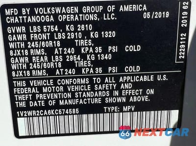 Zdjęcie 10 z 10 samochodu: 2019 VOLKSWAGEN ATLAS SE VIN:1V2WR2CA6KC574585 - miniatura