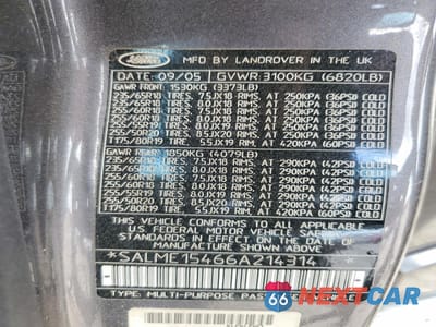 Zdjęcie 14 z 15 samochodu: 2006 LAND ROVER RANGE ROVER HSE VIN:SALME15466A214314 - miniatura