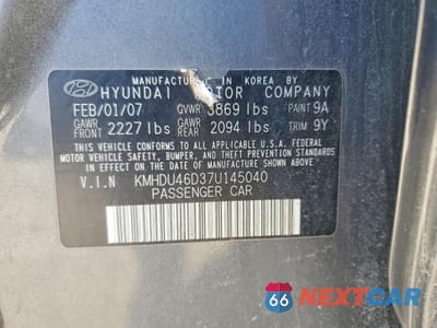 Zdjęcie 12 z 13 samochodu: 2007 HYUNDAI ELANTRA GLS VIN:KMHDU46D37U145040 - miniatura