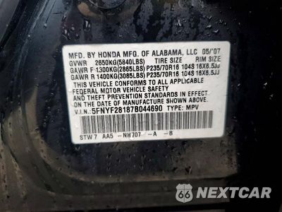 Zdjęcie 13 z 13 samochodu: 2007 HONDA PILOT LX VIN:5FNYF28187B044690 - miniatura
