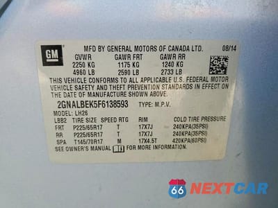 Zdjęcie 13 z 13 samochodu: 2015 CHEVROLET EQUINOX LT VIN:2GNALBEK5F6138593 - miniatura