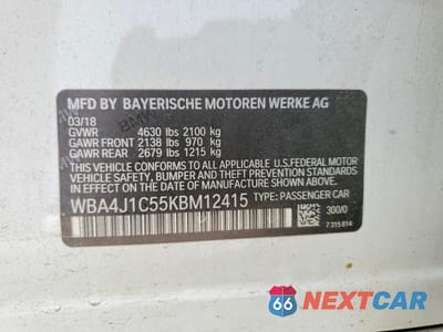 Zdjęcie 12 z 12 samochodu: 2019 BMW 430I GRAN COUPE VIN:WBA4J1C55KBM12415 - miniatura