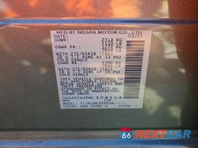 Zdjęcie 14 z 14 samochodu: 2022 NISSAN MURANO S VIN:5N1AZ2AJ0NC124154 - miniatura