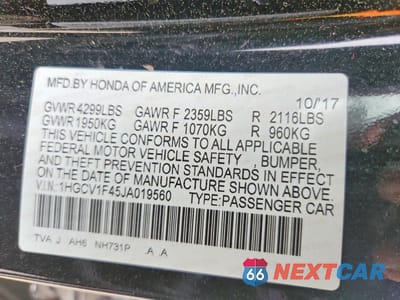 Zdjęcie 12 z 12 samochodu: 2018 HONDA ACCORD EX VIN:1HGCV1F45JA019560 - miniatura
