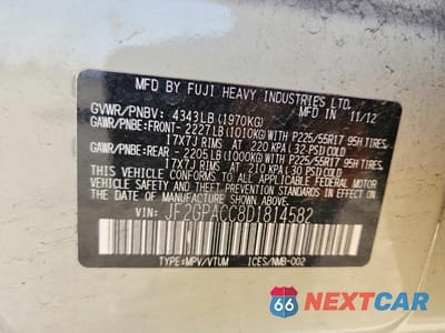 Zdjęcie 13 z 13 samochodu: 2013 SUBARU XV CROSSTREK 2.0 PREMIUM VIN:JF2GPACC8D1814582 - miniatura