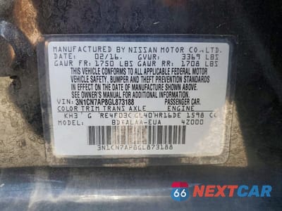Zdjęcie 12 z 12 samochodu: 2016 NISSAN VERSA 1.6 S VIN:3N1CN7AP8GL873188 - miniatura