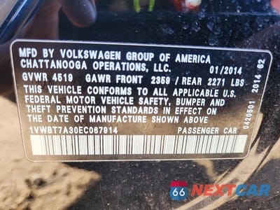 Zdjęcie 12 z 12 samochodu: 2014 VOLKSWAGEN PASSAT SE VIN:1VWBT7A30EC067914 - miniatura