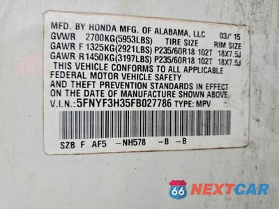 Zdjęcie 13 z 13 samochodu: 2015 HONDA PILOT SE VIN:5FNYF3H35FB027786 - miniatura