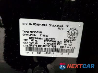 Zdjęcie 13 z 13 samochodu: 2012 HONDA PILOT EXL VIN:5FNYF4H5XCB501752 - miniatura