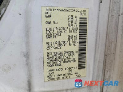 Zdjęcie 14 z 14 samochodu: 2012 NISSAN NV 2500 UTILITY / SERVICE VAN VIN:1N6AF0KY7CN109713 - miniatura