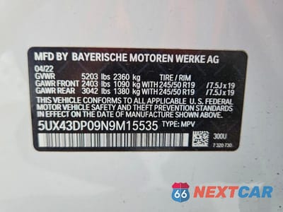 Zdjęcie 14 z 14 samochodu: 2022 BMW X3 SDRIVE30I VIN:5UX43DP09N9M15535 - miniatura