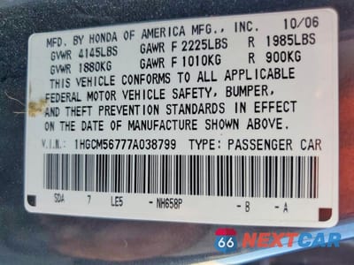 Zdjęcie 12 z 12 samochodu: 2007 HONDA ACCORD EX VIN:1HGCM56777A038799 - miniatura