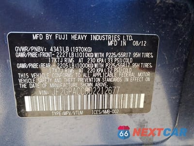 Zdjęcie 12 z 12 samochodu: 2013 SUBARU XV CROSSTREK 2.0 PREMIUM VIN:JF2GPACC8D2212677 - miniatura