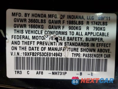 Zdjęcie 12 z 12 samochodu: 2012 HONDA CIVIC LX VIN:19XFB2F53CE014943 - miniatura