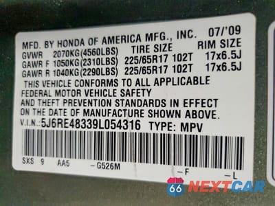 Zdjęcie 13 z 13 samochodu: 2009 HONDA CR-V LX VIN:5J6RE48339L054316 - miniatura
