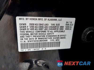 Zdjęcie 13 z 13 samochodu: 2018 HONDA PILOT EX VIN:5FNYF6H32JB042899 - miniatura