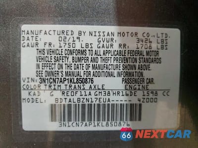 Zdjęcie 12 z 12 samochodu: 2019 NISSAN VERSA SV VIN:3N1CN7AP1KL850876 - miniatura