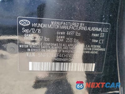 Zdjęcie 12 z 12 samochodu: 2019 HYUNDAI SONATA SE VIN:5NPE24AF4KH740232 - miniatura