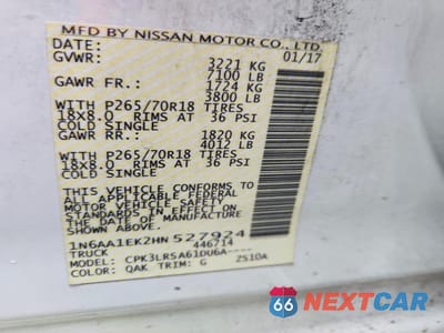 Zdjęcie 12 z 12 samochodu: 2017 NISSAN TITAN 2WD 5.6L V8 VIN:1N6AA1EK2HN527924 - miniatura