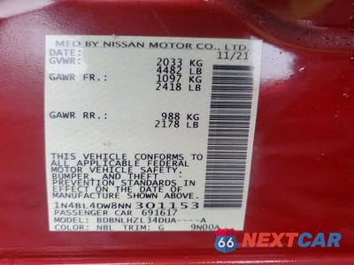 Zdjęcie 12 z 12 samochodu: 2022 NISSAN ALTIMA 2.5 SV VIN:1N4BL4DW8NN301153 - miniatura