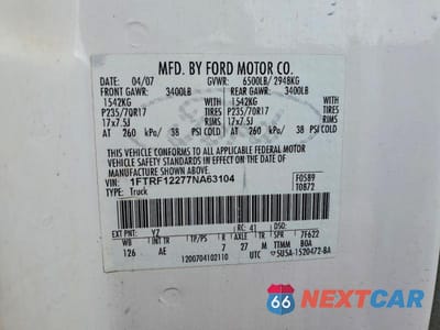 Zdjęcie 12 z 12 samochodu: 2007 FORD F150 VIN:1FTRF12277NA63104 - miniatura