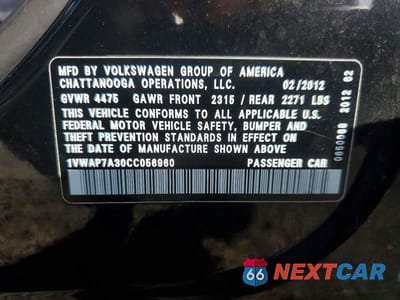 Zdjęcie 12 z 12 samochodu: 2012 VOLKSWAGEN PASSAT S VIN:1VWAP7A30CC056960 - miniatura