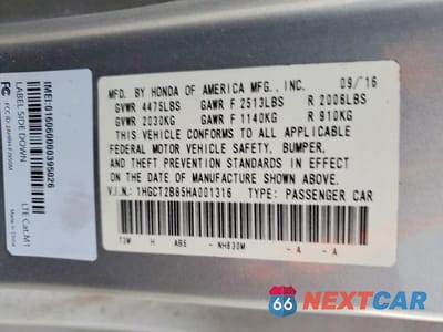 Zdjęcie 12 z 12 samochodu: 2017 HONDA ACCORD EXL VIN:1HGCT2B85HA001316 - miniatura