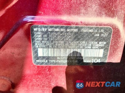 Zdjęcie 13 z 13 samochodu: 2022 MITSUBISHI MIRAGE G4 SE VIN:ML32FVFJ7NHF05892 - miniatura