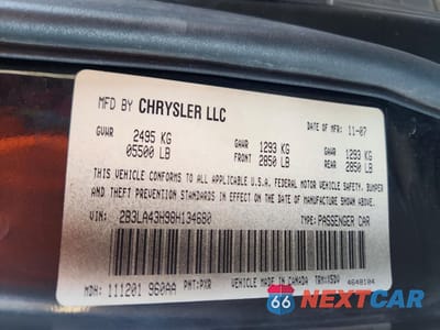 Zdjęcie 12 z 13 samochodu: 2008 DODGE CHARGER VIN:2B3LA43H98H134680 - miniatura