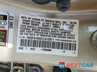 Zdjęcie 12 z 12 samochodu: 2007 HONDA CIVIC LX VIN:1HGFA16597L013971 - miniatura