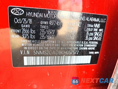 Zdjęcie 13 z 13 samochodu: 2019 HYUNDAI SANTA FE VIN:5NMS2CAD8KH057572 - miniatura