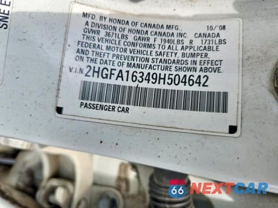 Zdjęcie 12 z 12 samochodu: 2009 HONDA CIVIC VP VIN:2HGFA16349H504642 - miniatura