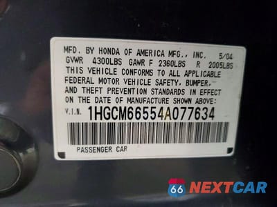 Zdjęcie 12 z 12 samochodu: 2004 HONDA ACCORD EX VIN:1HGCM66554A077634 - miniatura