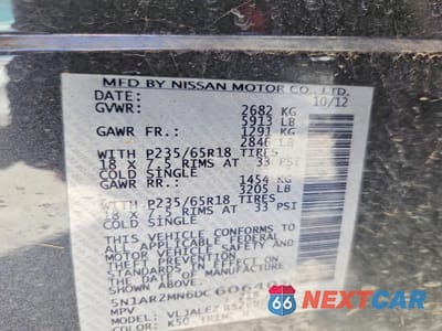 Zdjęcie 13 z 13 samochodu: 2013 NISSAN PATHFINDER S VIN:5N1AR2MN6DC606401 - miniatura