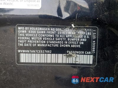Zdjęcie 12 z 12 samochodu: 2012 VOLKSWAGEN CC LUXURY VIN:WVWHN7AN7CE527662 - miniatura