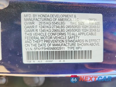 Zdjęcie 14 z 14 samochodu: 2022 HONDA PILOT TOURING VIN:5FNYF5H65NB002911 - miniatura