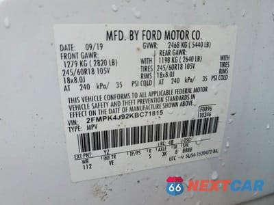 Zdjęcie 13 z 13 samochodu: 2019 FORD EDGE SEL VIN:2FMPK4J92KBC71815 - miniatura