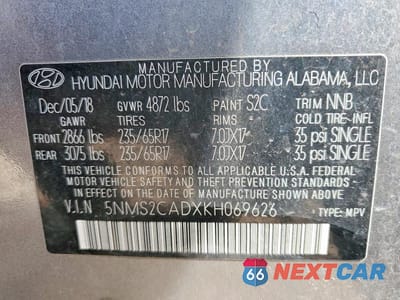Zdjęcie 13 z 13 samochodu: 2019 HYUNDAI SANTA FE VIN:5NMS2CADXKH069626 - miniatura
