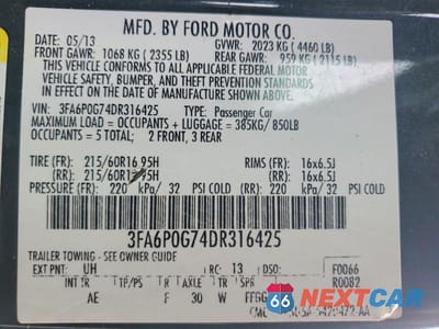 Zdjęcie 12 z 12 samochodu: 2013 FORD FUSION S VIN:3FA6P0G74DR316425 - miniatura