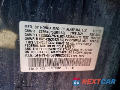 Zdjęcie 13 z 13 samochodu: 2013 HONDA PILOT EXL VIN:5FNYF4H59DB025320 - miniatura