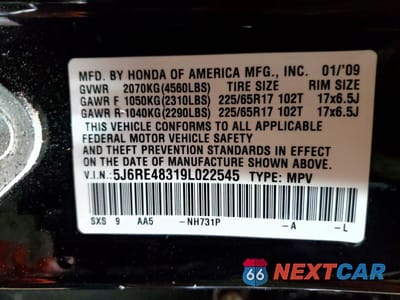 Zdjęcie 12 z 12 samochodu: 2009 HONDA CR-V LX VIN:5J6RE48319L022545 - miniatura